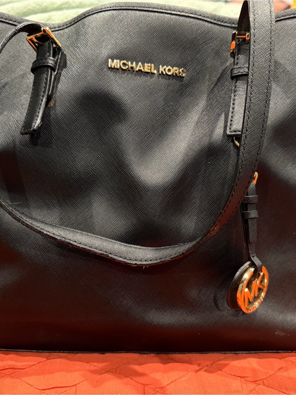 Michael Kors Black Leather Duffel Bag with Gold Hardware